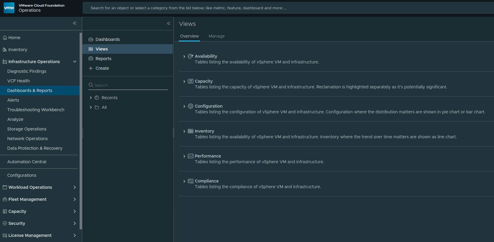 Navigating to the Views configuration area within VCF Operations.