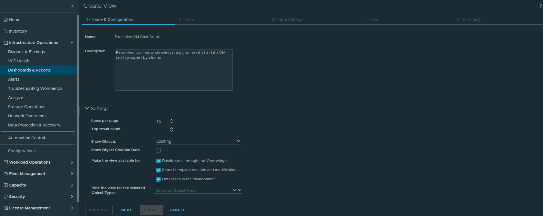 Defining the view name for the custom cost view.
