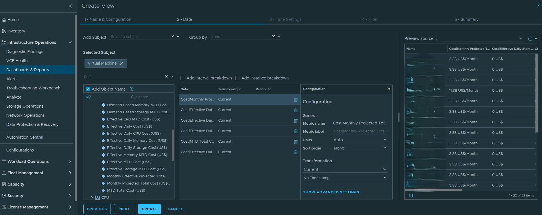 Selecting cost and usage metrics from the metric picker.