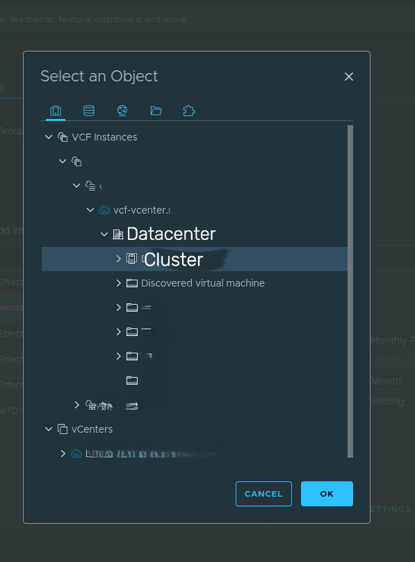 Selecting an object to preview the VM cost view output.