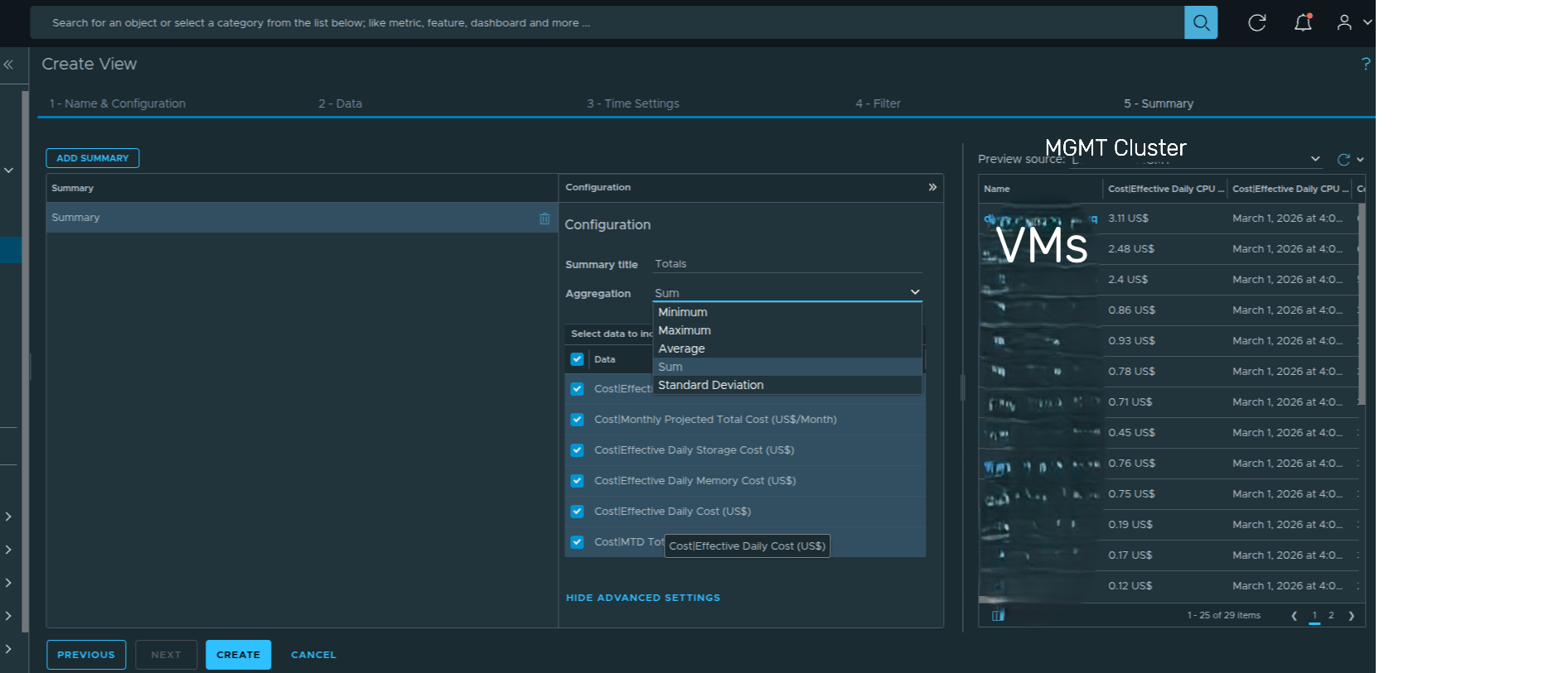 Opening the Summary tab and adding a summary aggregation.