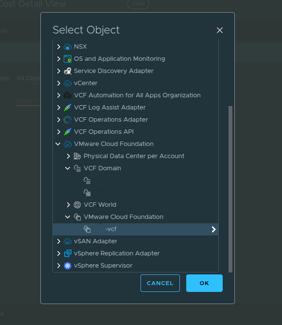 Selecting the VCF Instance as the object source.