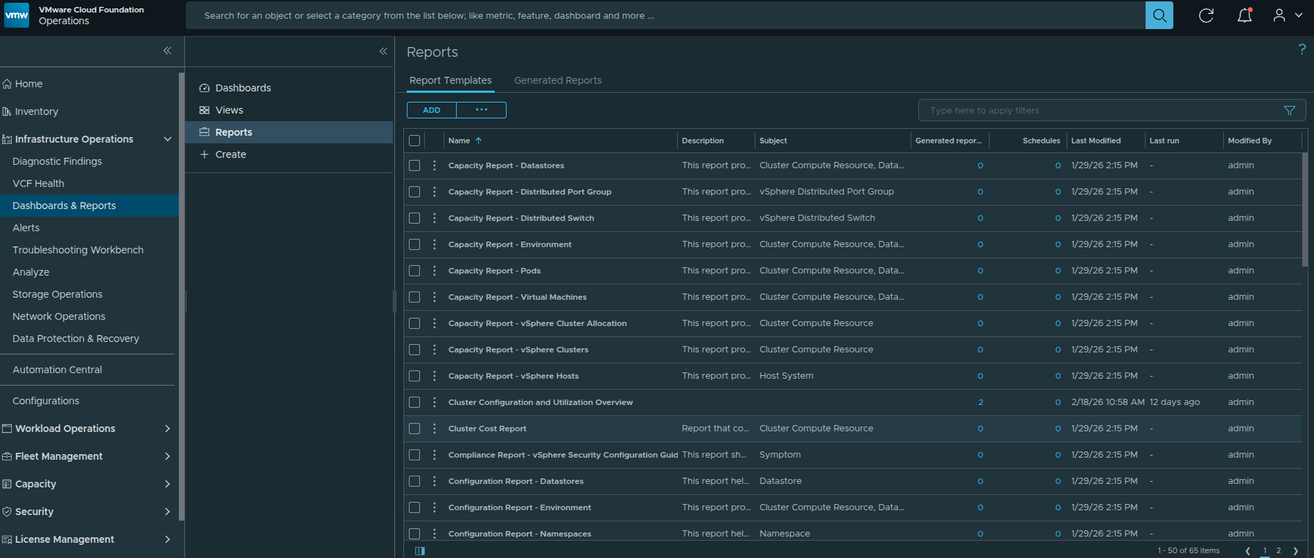 Navigating to the Reports section in VCF Operations.