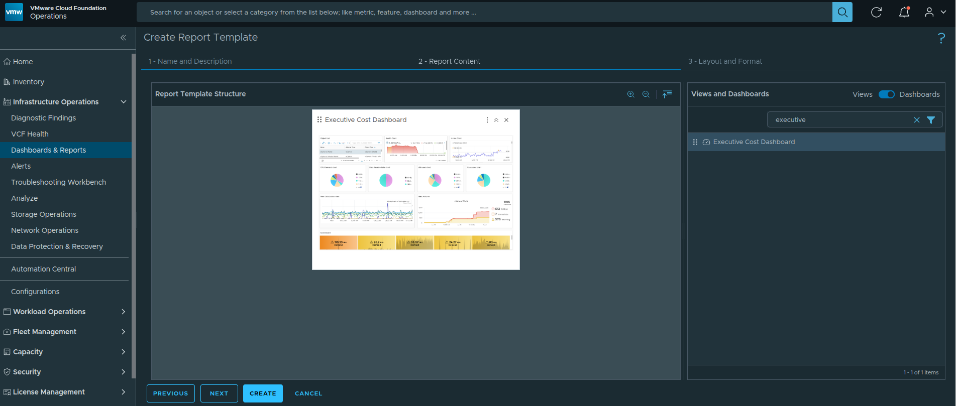 Searching for and dragging the Executive Cost Dashboard into the report layout.