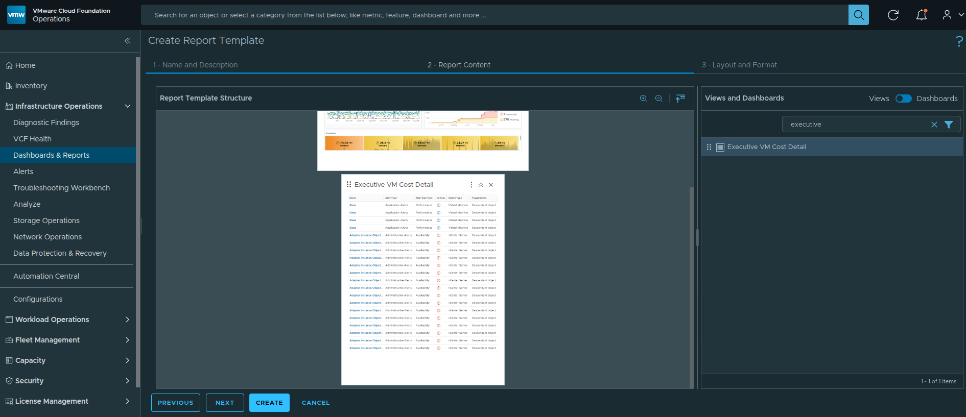 Dragging the custom Executive VM Cost Detail view into the report layout.
