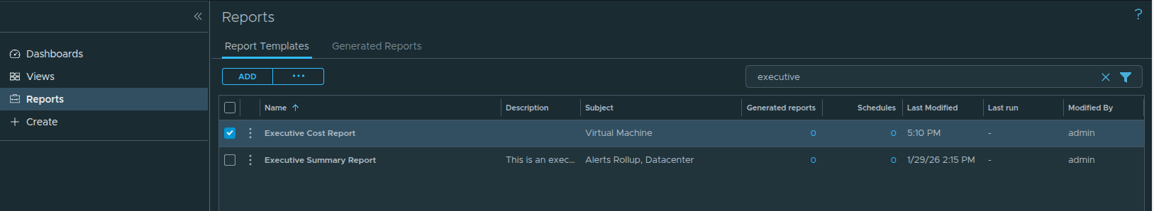 Newly created Executive Cost Report template.