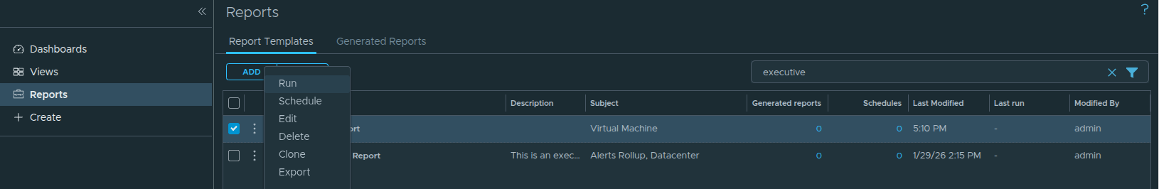 Selecting Run from the report template options.