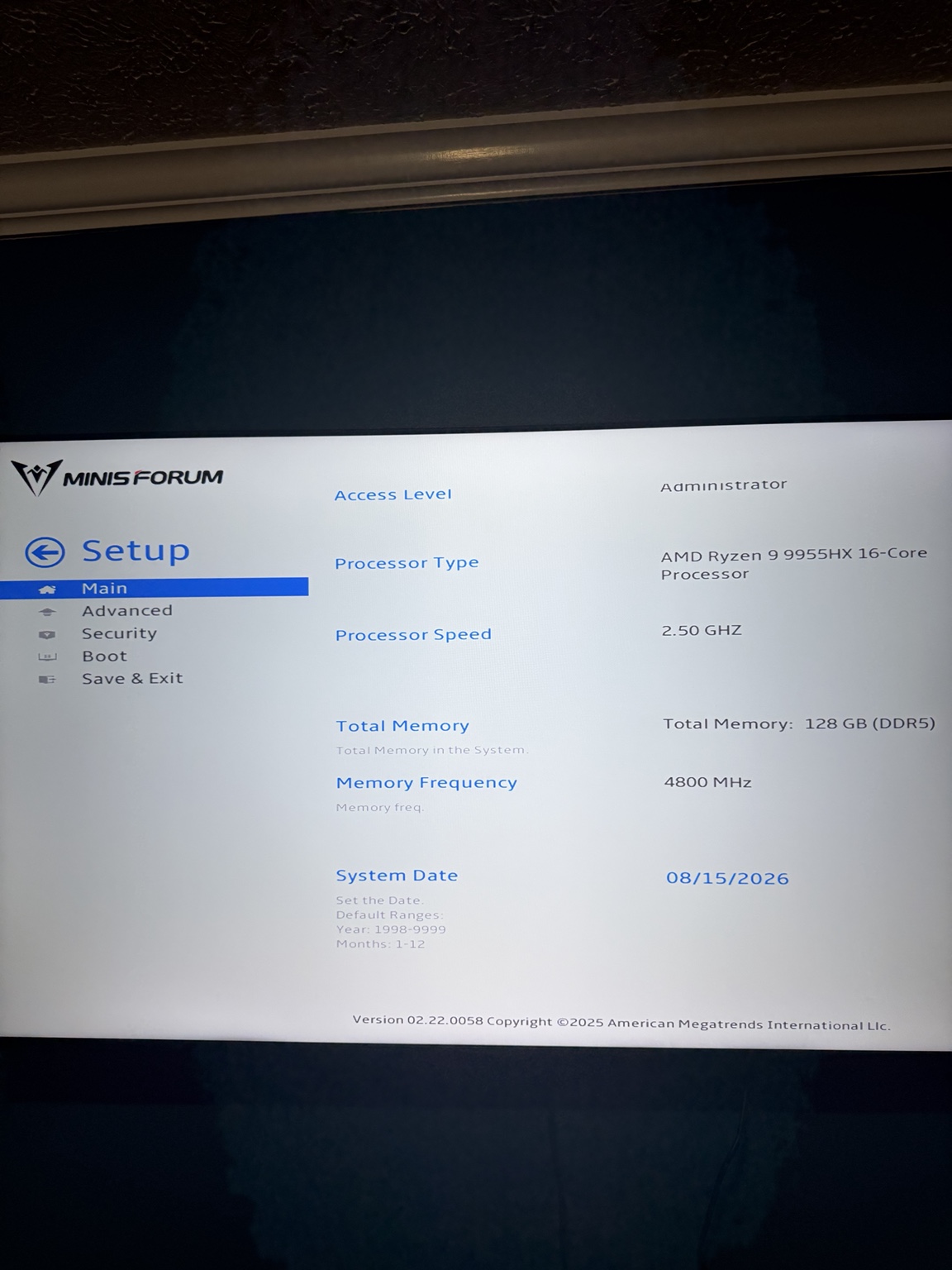 MINISFORUM MS-A2 BIOS Main page showing the AMD Ryzen 9 9955HX, 128 GB of DDR5 memory, and a 4800 MHz memory frequency