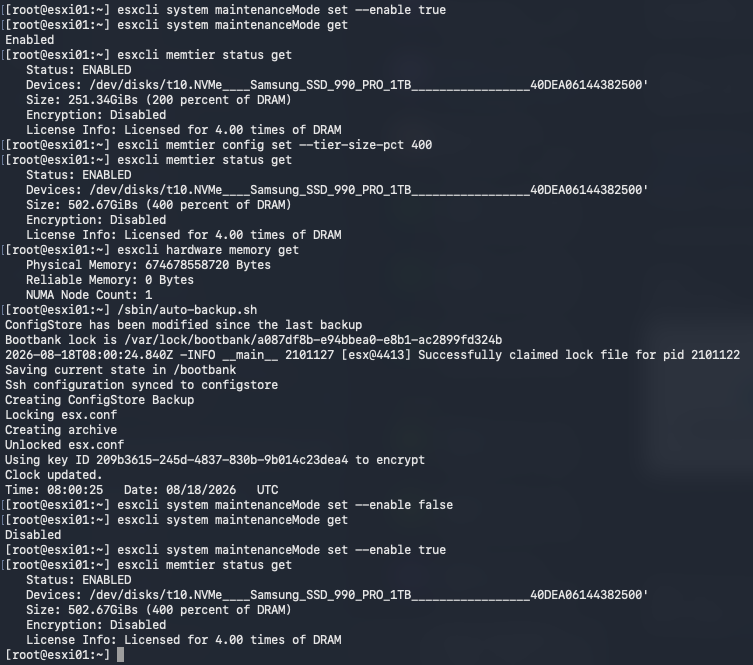 ESXi shell showing NVMe Memory Tiering enabled on the 1 TB Samsung 990 PRO with 502.67 GiB at 400 percent of DRAM