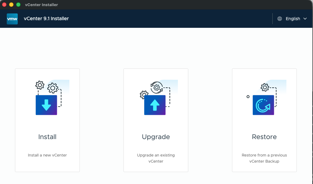 VMware vCenter 9.1 Installer showing Install, Upgrade, and Restore options