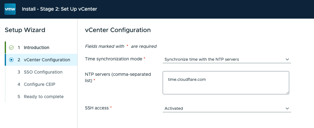 vCenter Stage 2 configuration with NTP synchronization selected, time.cloudflare.com entered, and SSH activated