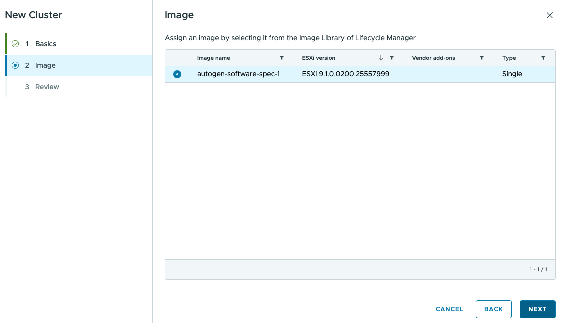 vCenter New Cluster wizard showing autogen-software-spec-1 with ESXi 9.1.0.0200.25557999