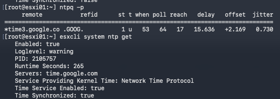 ESXi shell showing time3.google.com selected with an asterisk and Time Synchronized true