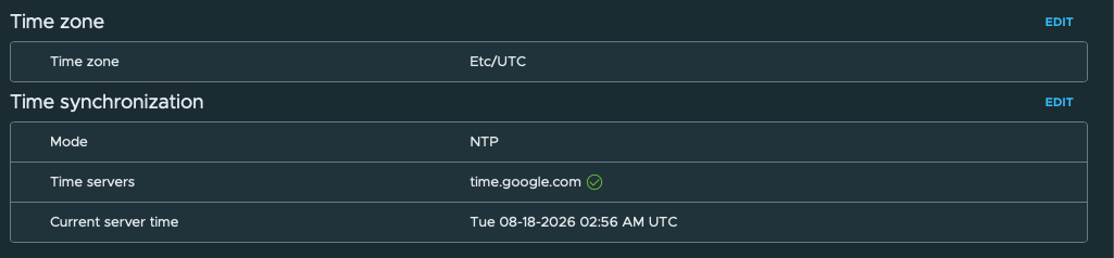 vCenter VAMI showing NTP mode, time.google.com with a healthy indicator, and Etc UTC timezone