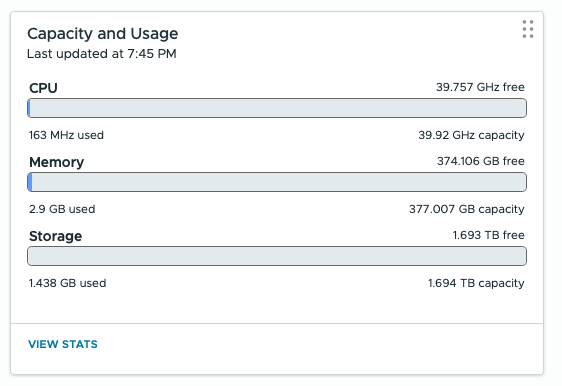 ESXi Host Client Capacity and Usage panel showing 377.007 GB of memory capacity after configuring NVMe Memory Tiering at 200 percent