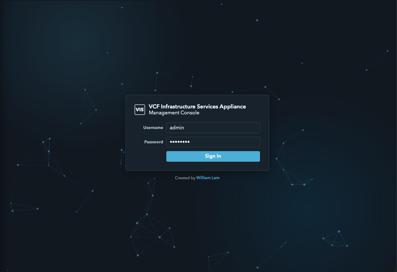 VCF Infrastructure Services Appliance Management Console sign-in page for VIS01