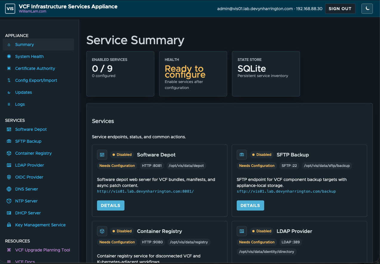 VIS01 Service Summary showing Ready to Configure status, SQLite state store, and zero of nine infrastructure services enabled