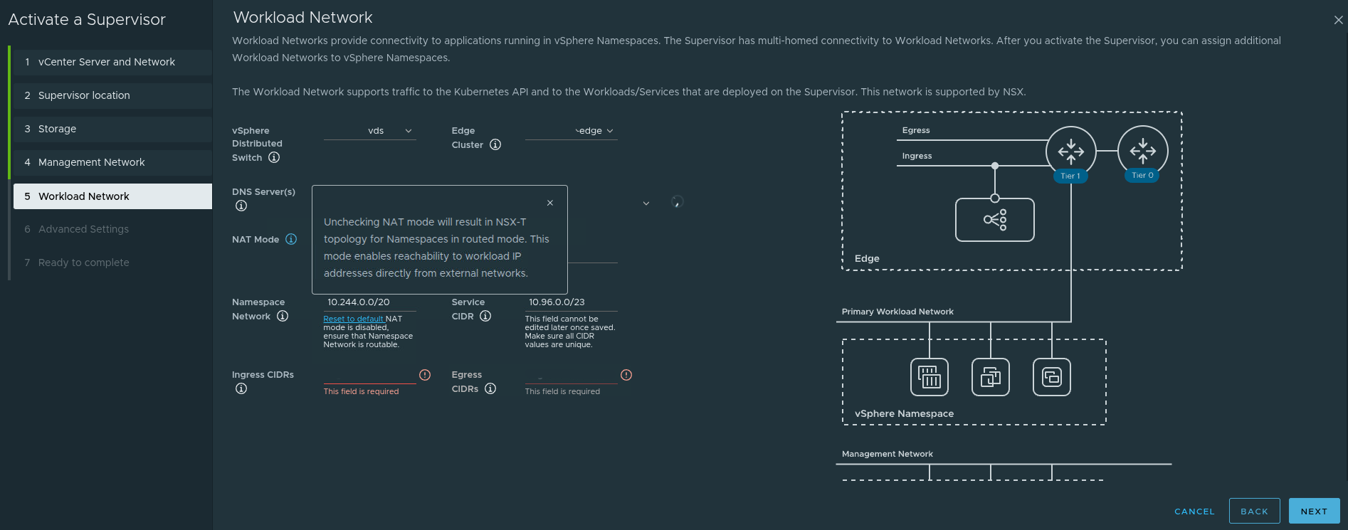 Supervisor workload network configuration showing NAT mode, namespace CIDR, and ingress and egress CIDRs.