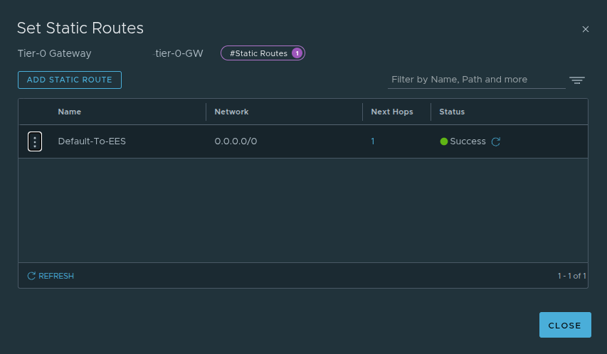 NSX static route configuration showing default route entry.