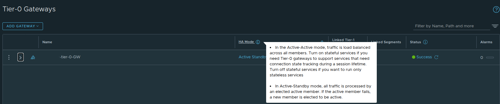 NSX Tier-0 Gateway HA mode explanation for Active Standby.