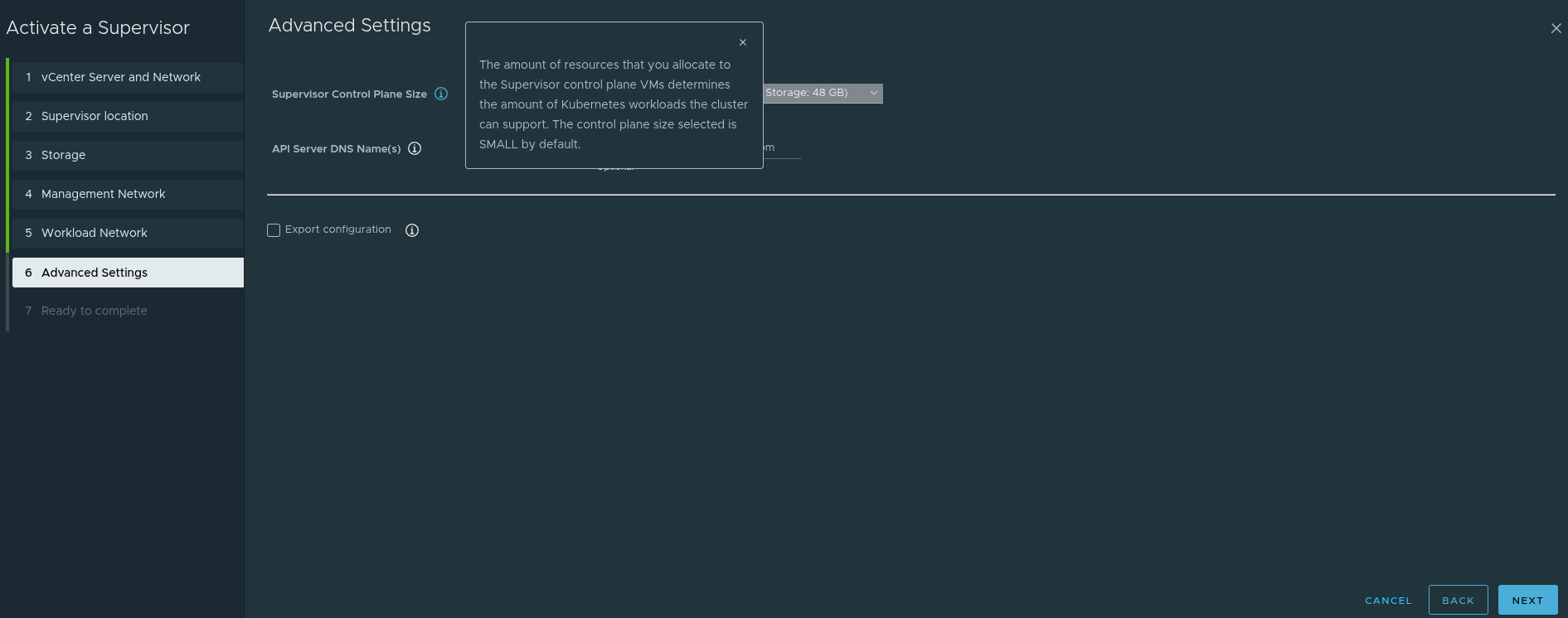 Supervisor advanced settings showing control plane size and API server options.