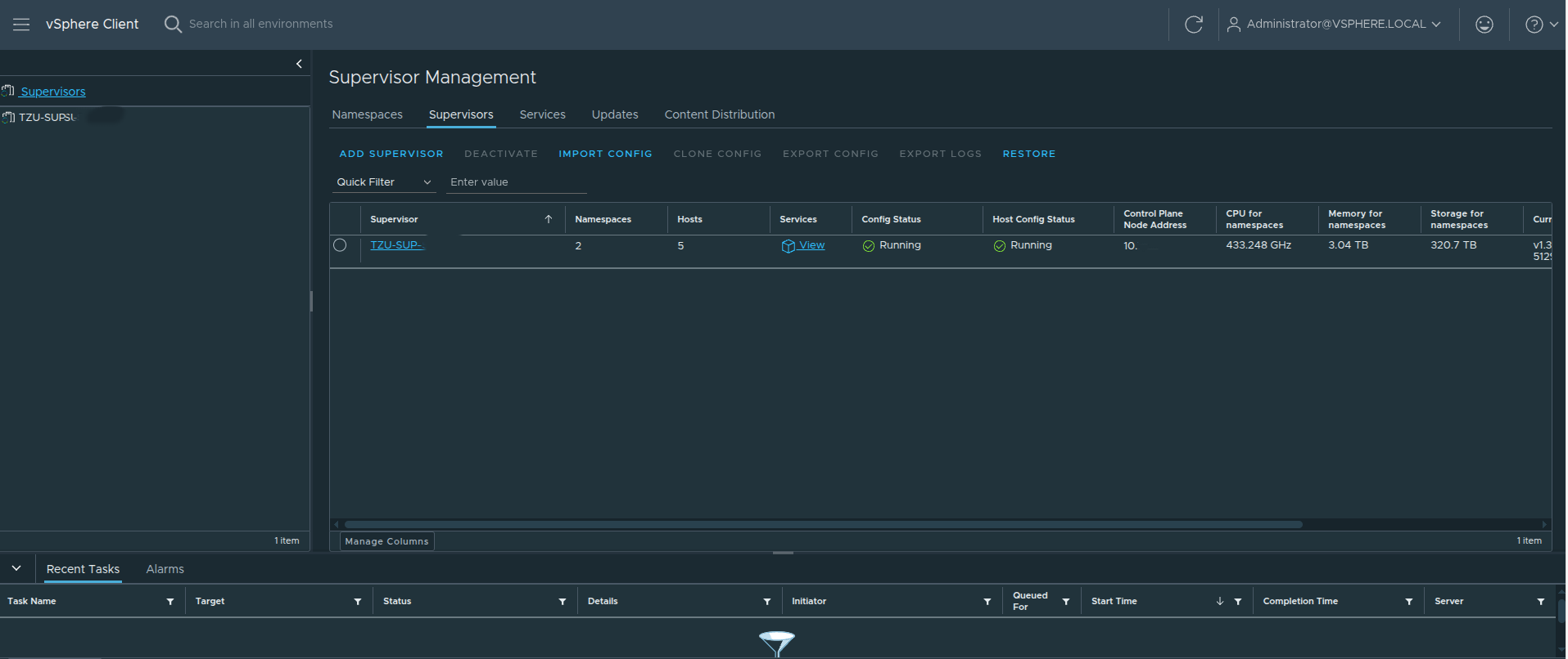 Supervisor Management inventory showing deployed Supervisor in running state.