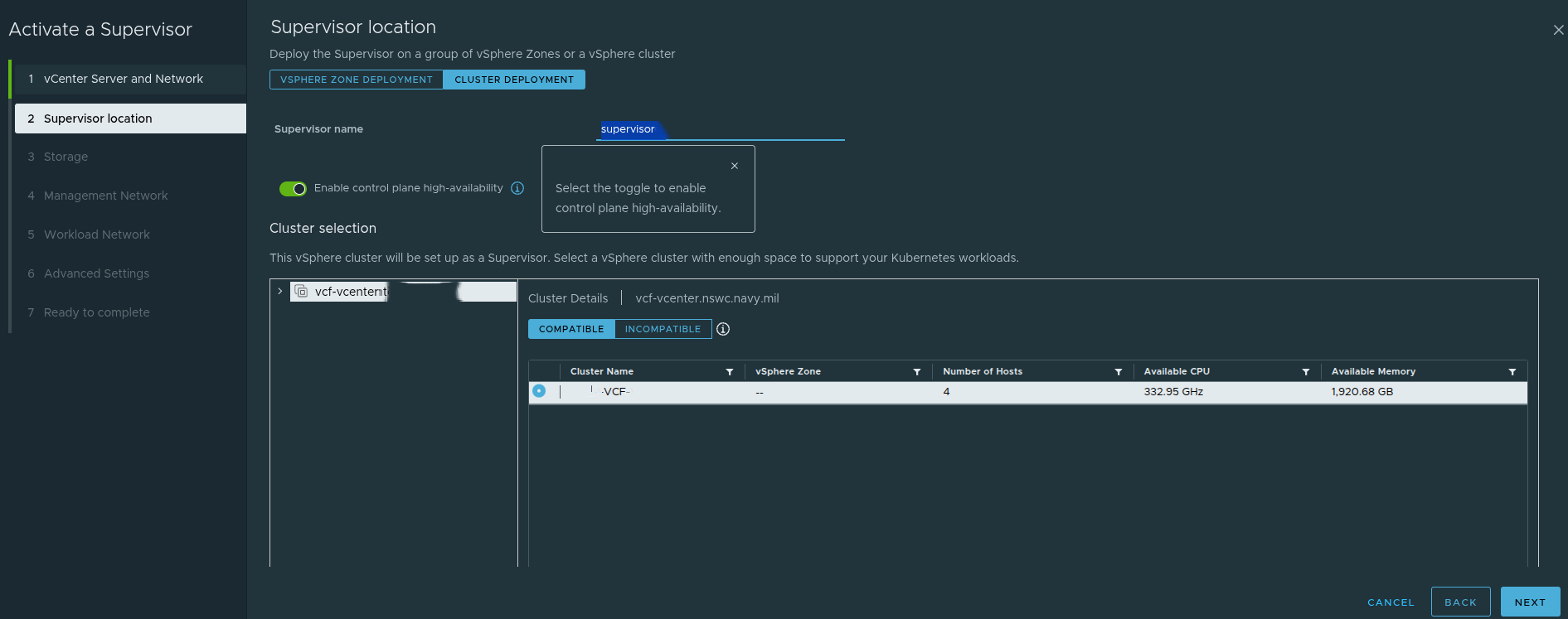 Supervisor location screen showing cluster deployment and control plane HA.
