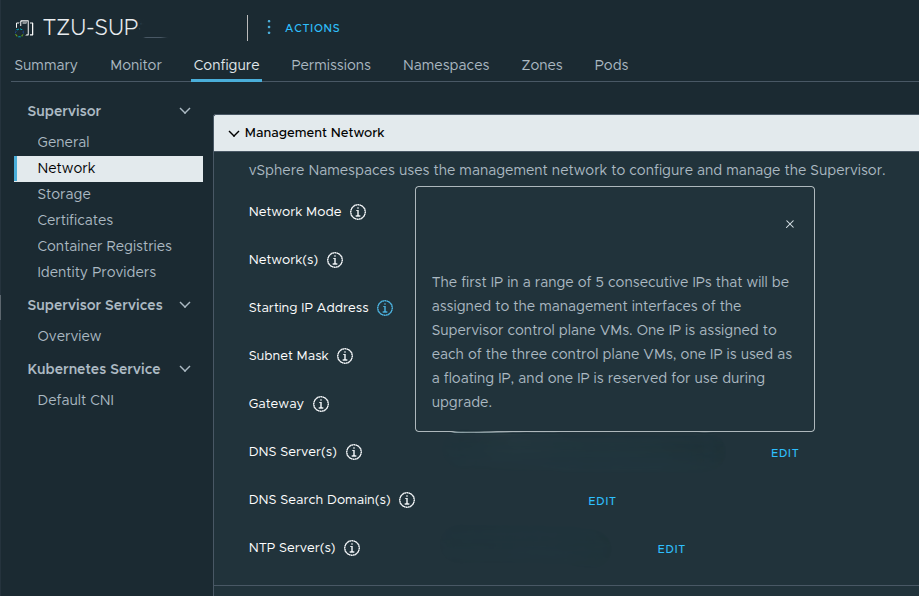 Supervisor configured management network view showing management network details.