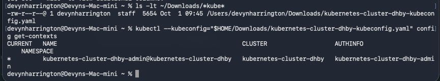 kubectl context inspection selects kubernetes-cluster-dhby-admin at kubernetes-cluster-dhby in the downloaded file
