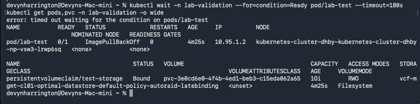 Readiness wait times out and lab-test is ImagePullBackOff, while test-storage is Bound with 1Gi capacity and ReadWriteOnce access