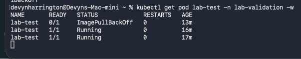 Watched lab-test pod changes from 0/1 ImagePullBackOff to 1/1 Running with zero restarts