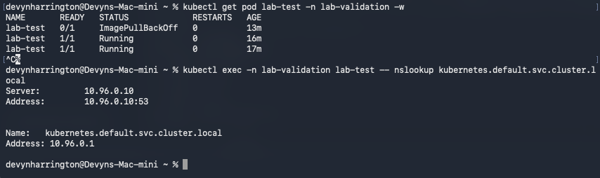 BusyBox nslookup queries DNS server 10.96.0.10 and resolves kubernetes.default.svc.cluster.local to 10.96.0.1