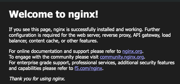 Browser page displays Welcome to nginx and confirms the web server is installed and working