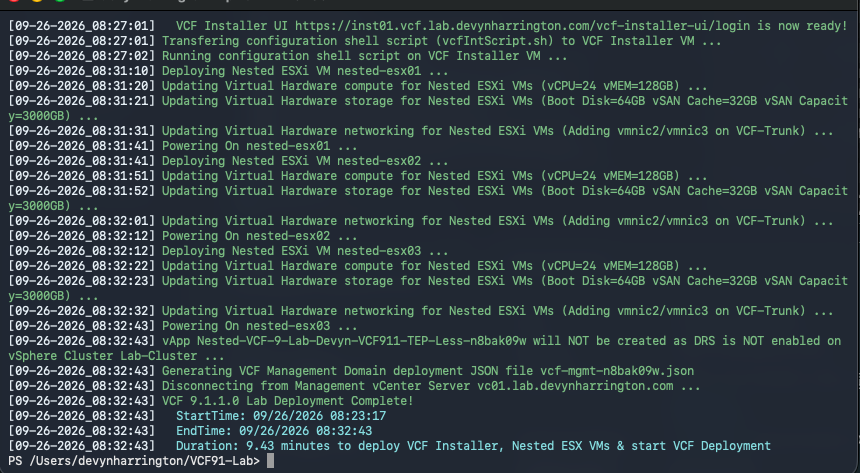 the Infrastructure phase powers on three nested hosts, adds vmnic2/vmnic3 on VCF-Trunk, and reports the Installer ready