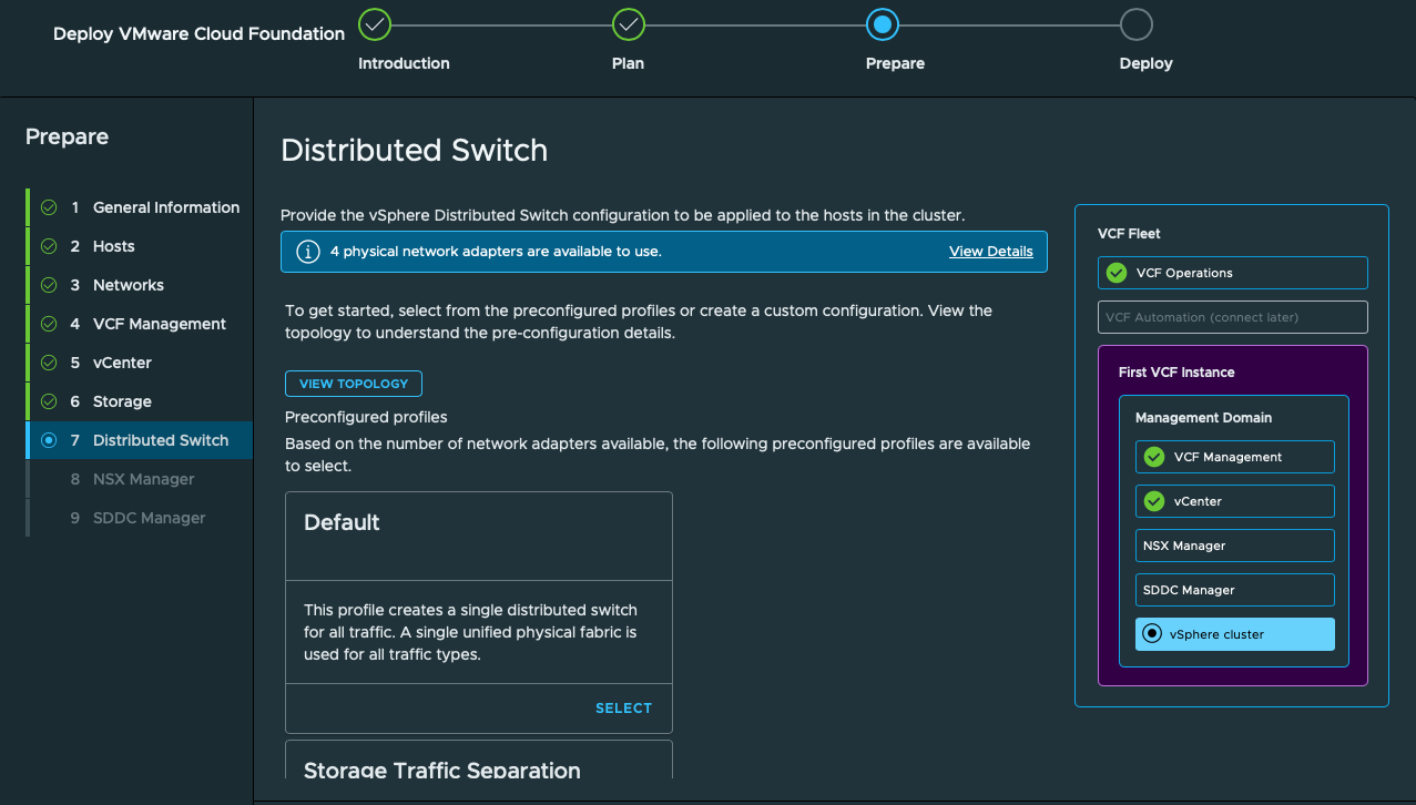 the Distributed Switch page offers a default single-switch profile and other profiles below it