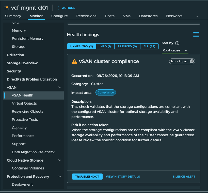 Monitor > vSAN > vSAN Health displays a cluster-compliance finding and the Silence Alert control