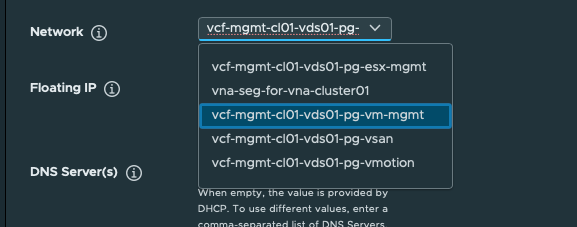 the Supervisor management-network selector highlights vcf-mgmt-cl01-vds01-pg-vm-mgmt.