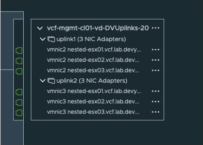 the final topology shows vmnic2 under uplink1 and vmnic3 under uplink2 for all three nested hosts