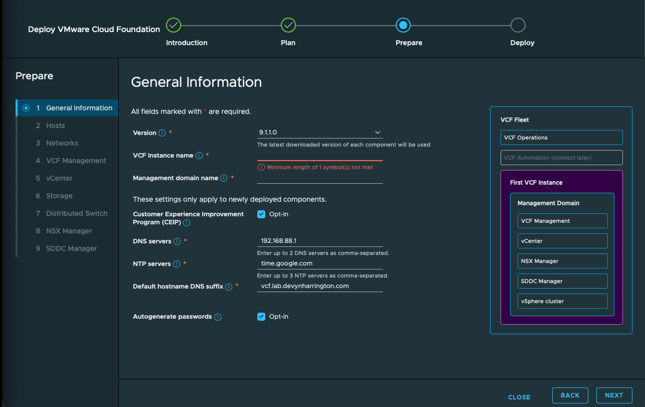 General Information form with CEIP and autogenerated passwords selected before final settings.