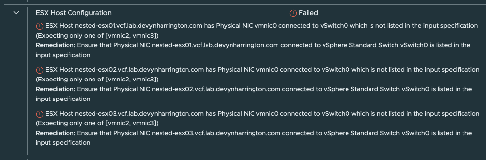 ESX Host Configuration validation failure. All three hosts report vmnic0 attached to vSwitch0 but missing from the vmnic2/vmnic3 input specification.