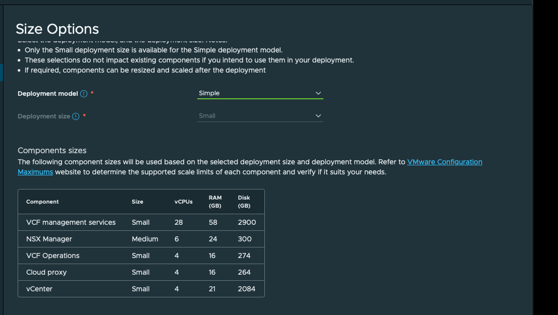Successful rebuild selects Simple model. Simple deployment model and Small size are selected; the component sizing preview includes Medium NSX.