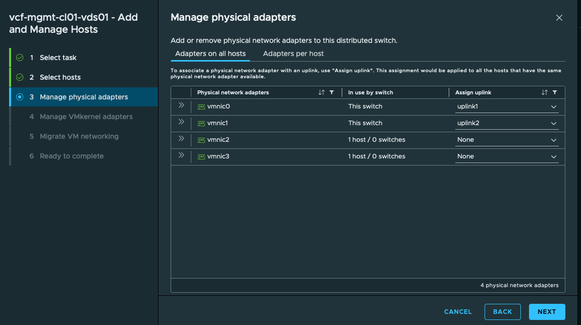 Postdeployment physical adapter management. Add and Manage Hosts shows vmnic0/vmnic1 in use and vmnic2/vmnic3 available before trunk migration.