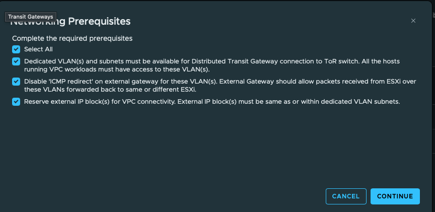 DTGW networking prerequisites. Dedicated VLAN access, ICMP redirect behavior, and external IP block prerequisites are acknowledged.