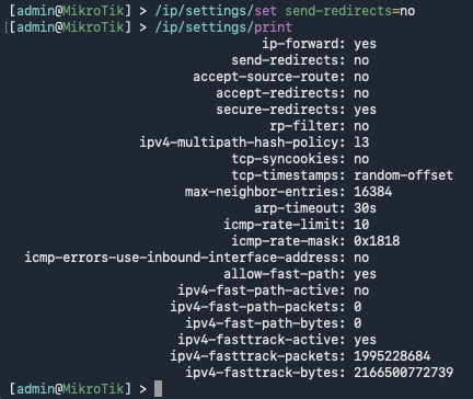 RouterOS output verifies send-redirects=no after disabling ICMP redirects.