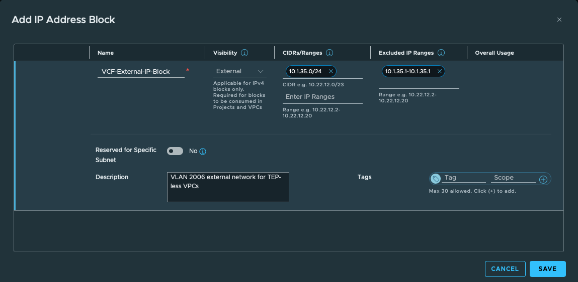 Final external IP block values. VCF-External-IP-Block uses 10.1.35.0/24 and excludes only the router address 10.1.35.1; no specific-subnet reservation.