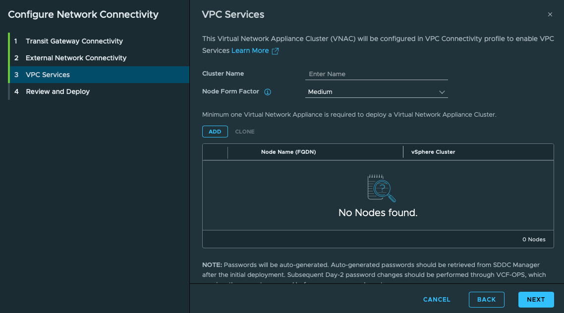 VPC Services and VNA cluster form. Initial VNA service page; Medium is a default here, later changed to Large in the submitted review.