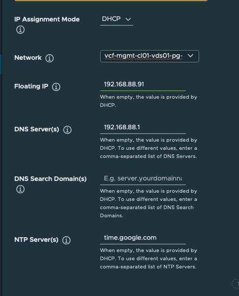 Supervisor management networking. DHCP management, floating IP 192.168.88.91, DNS 192.168.88.1, and time.google.com are visible.
