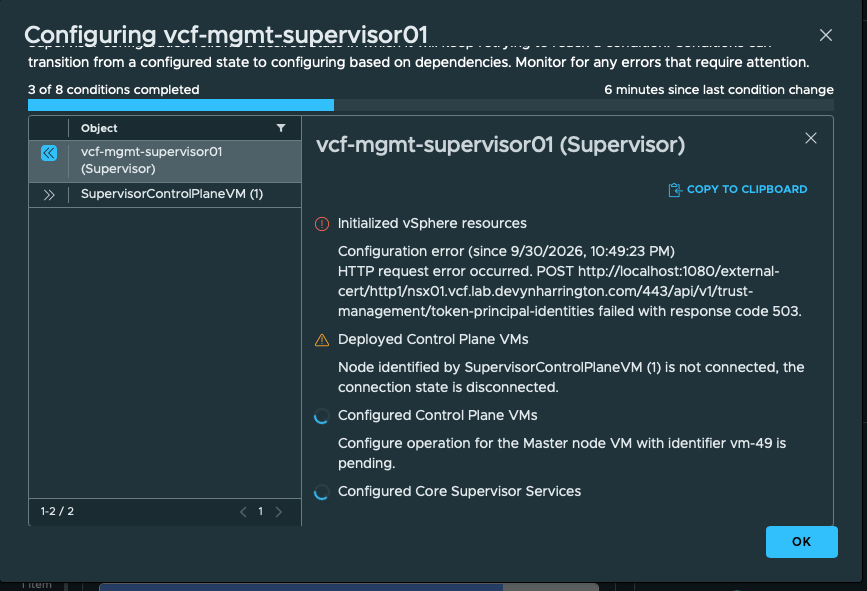 Supervisor encounters NSX HTTP 503. NSX trust-management request fails, the node connection is disconnected, and master VM configuration is pending.