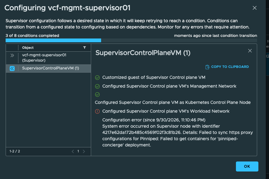 Pinniped reconciliation error. Workload network step reports failed HTTPS proxy sync and inability to get pinniped-concierge containers.