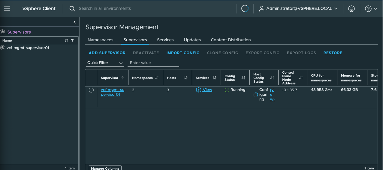 Supervisor running before host configuration. Config Status is Running while Host Config remains Configuring; API address is 10.1.35.7.
